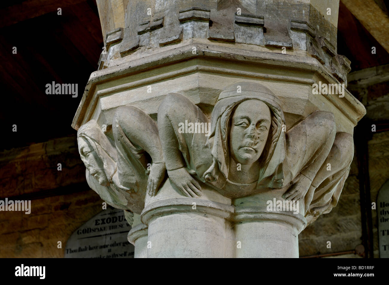 Carved stone capital, St. Peter`s Church, Hanwell, Oxfordshire, England, UK Stock Photo